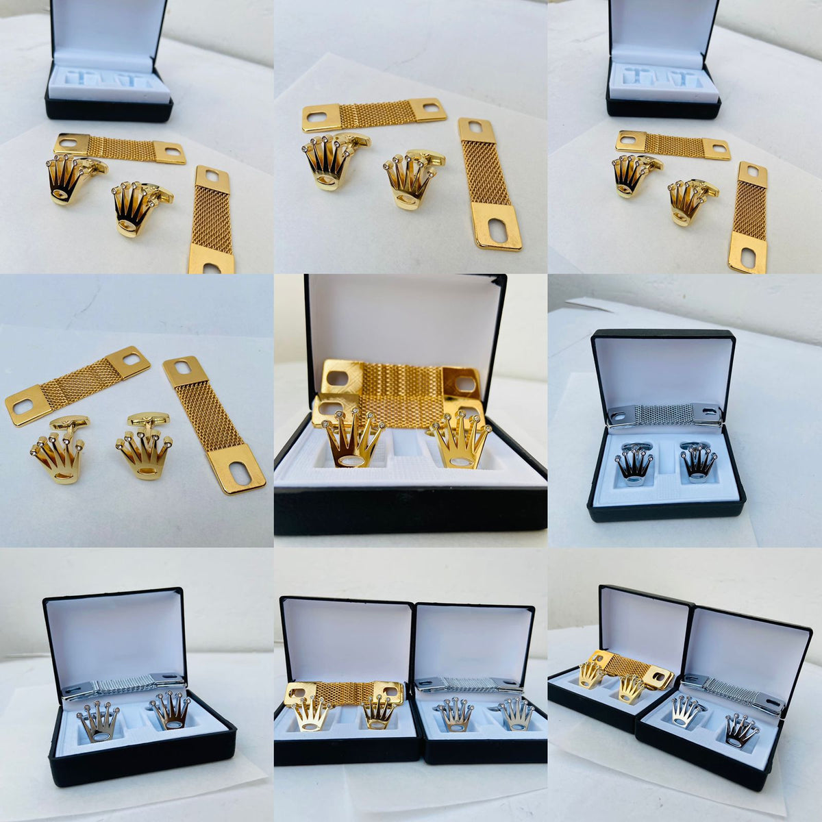Crown cufflinks with logo box and chain